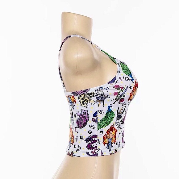 White trippy print spaghetti strap tank top🐲🔥🐅🦚🗡 - Picture 3 of 12